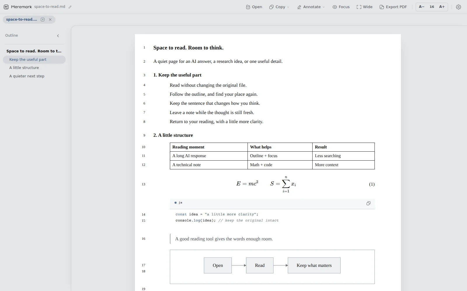 The same Markdown document in Academic: white paper, serif text, numbered headings and margin line numbers.