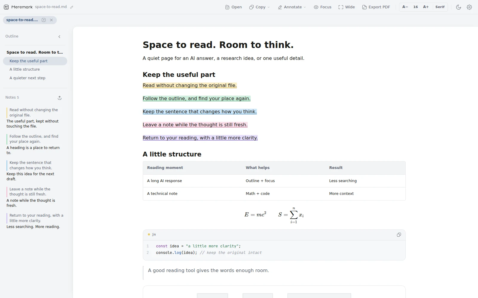 A document with highlights in five colours and a list of notes in the side panel.