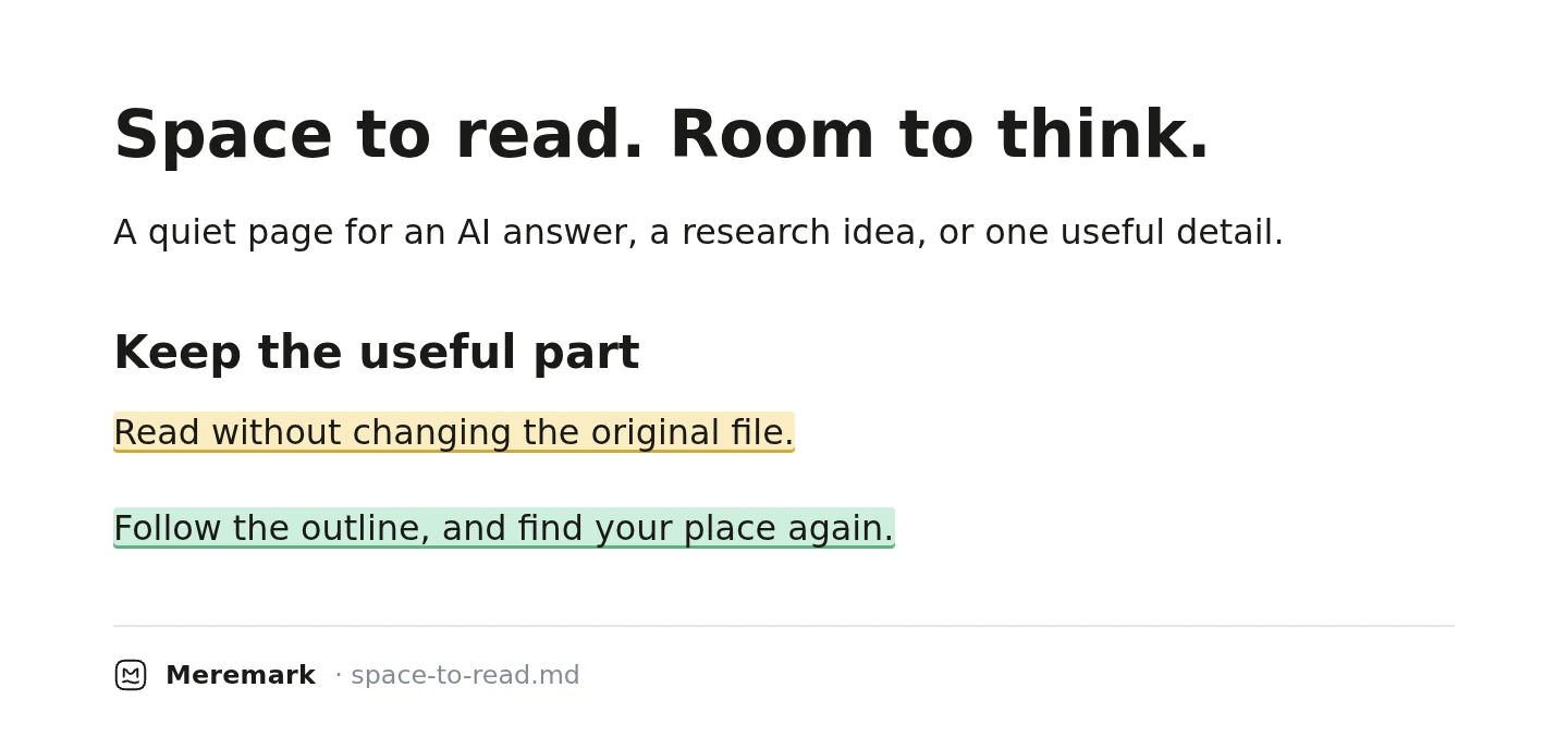 A share card with one highlighted sentence and a small Meremark footer.