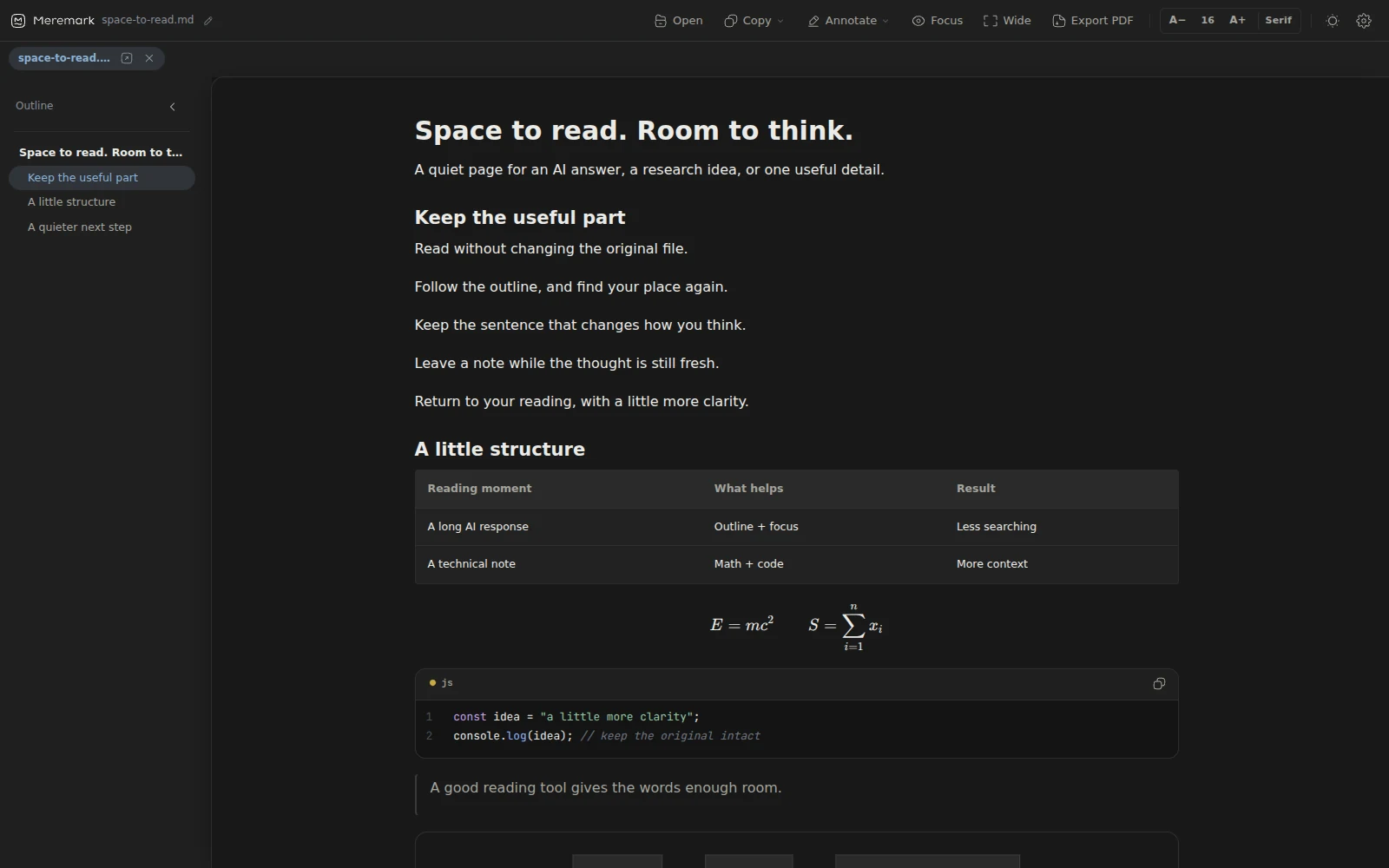 Meremark 0.3.2 displaying the reference document in its neutral dark reading mode.
