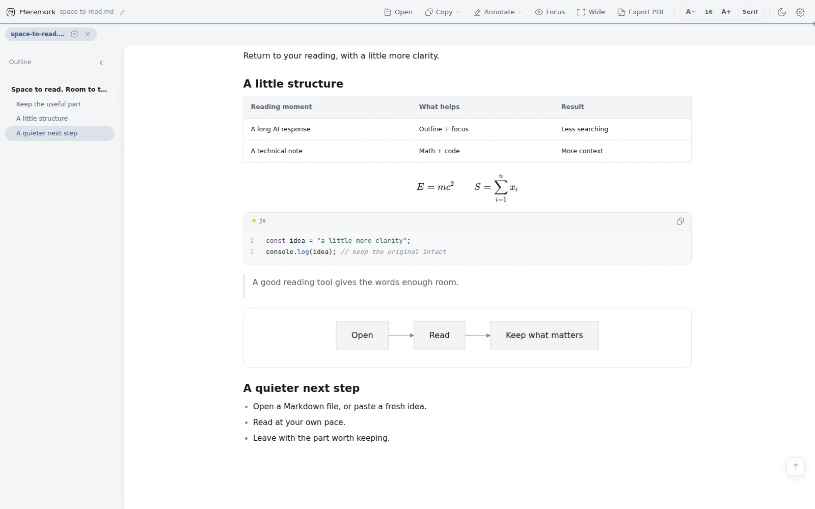 A rendered formula, a Mermaid flowchart, a bash code block with line numbers and a table.