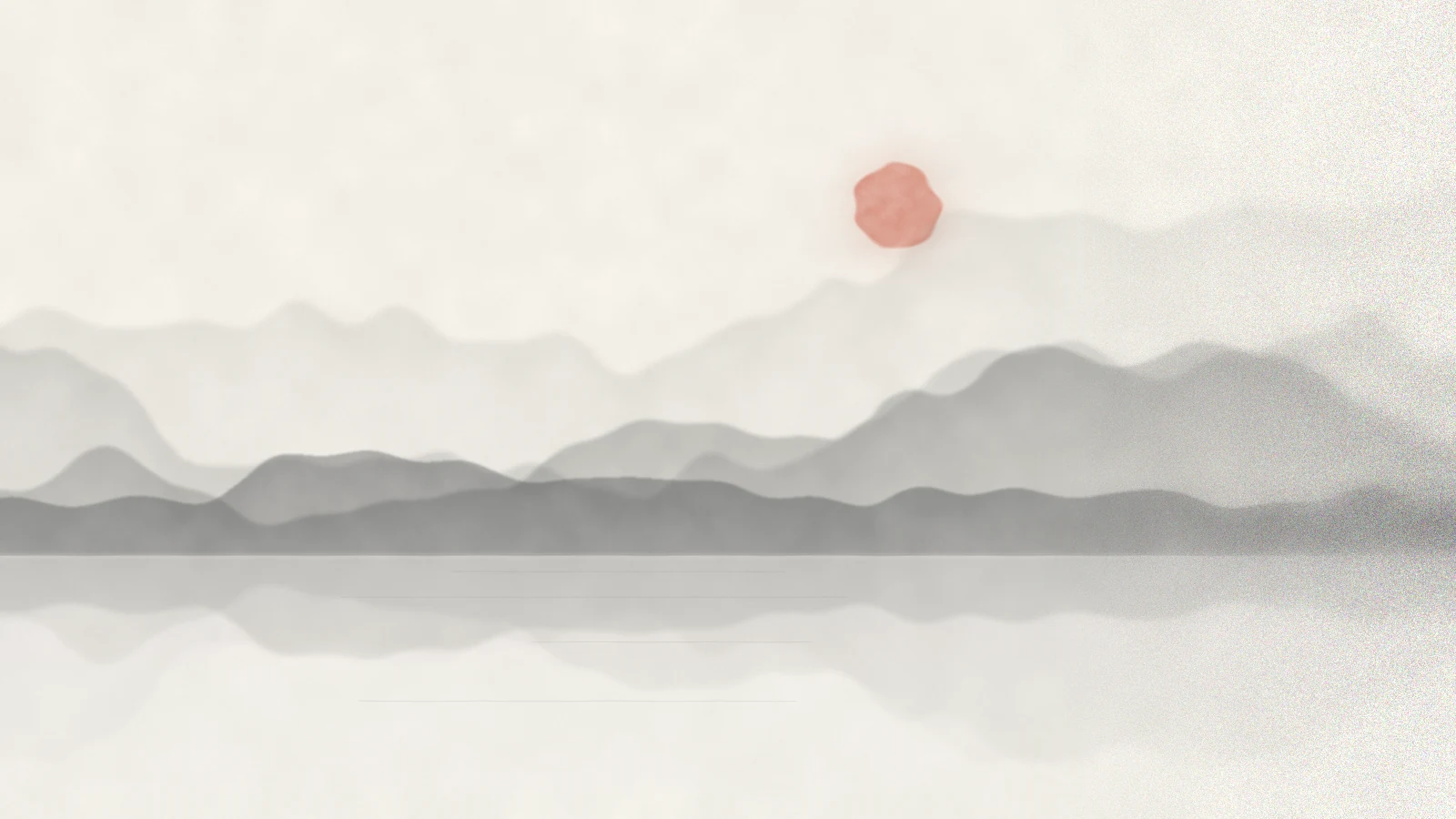 A soft ink-wash landscape: grey mountains in mist above a still lake, with a small vermilion sun.
