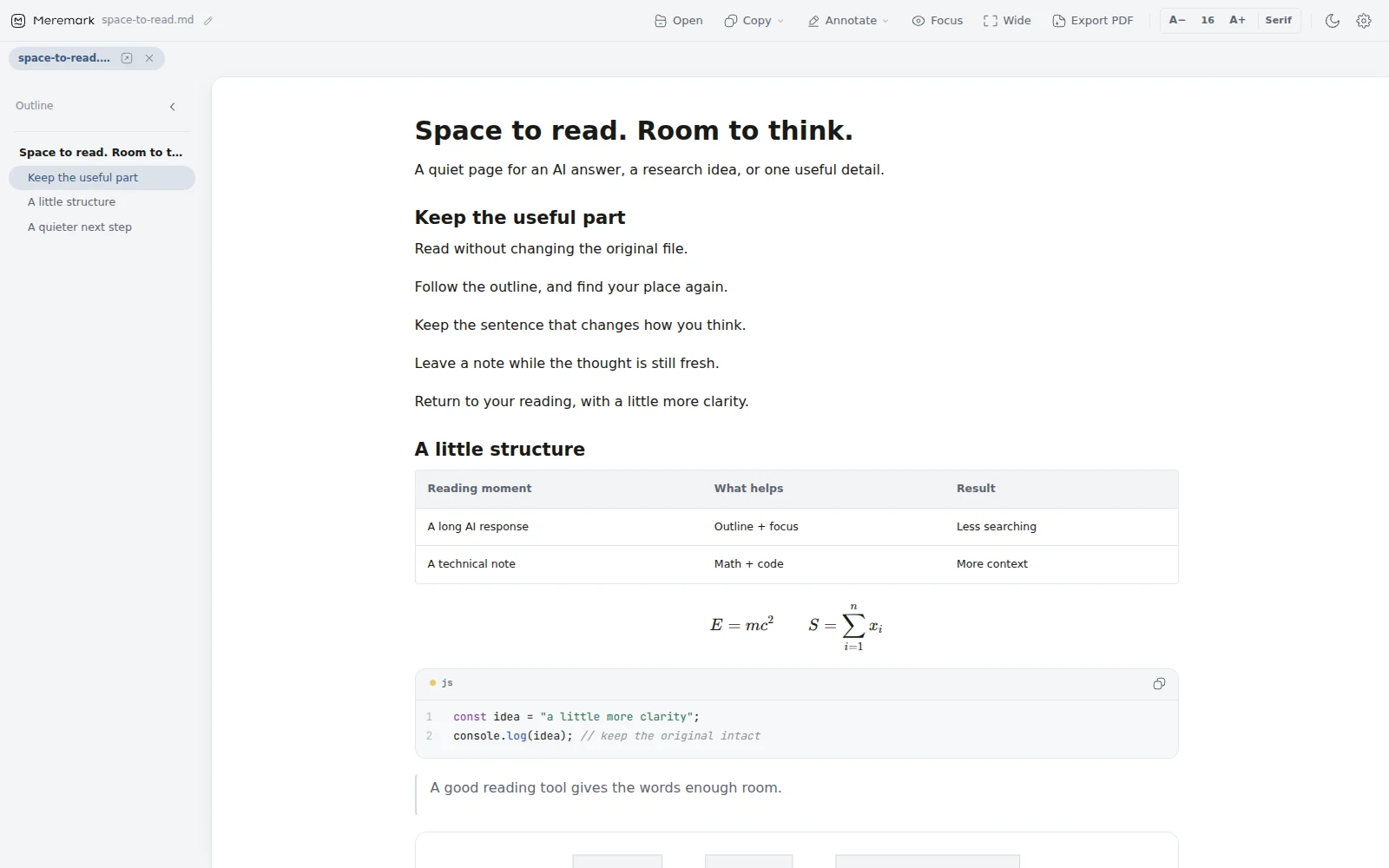 Meremark 0.3.2 displaying a Markdown reading note with an outline, formatted text and a table.