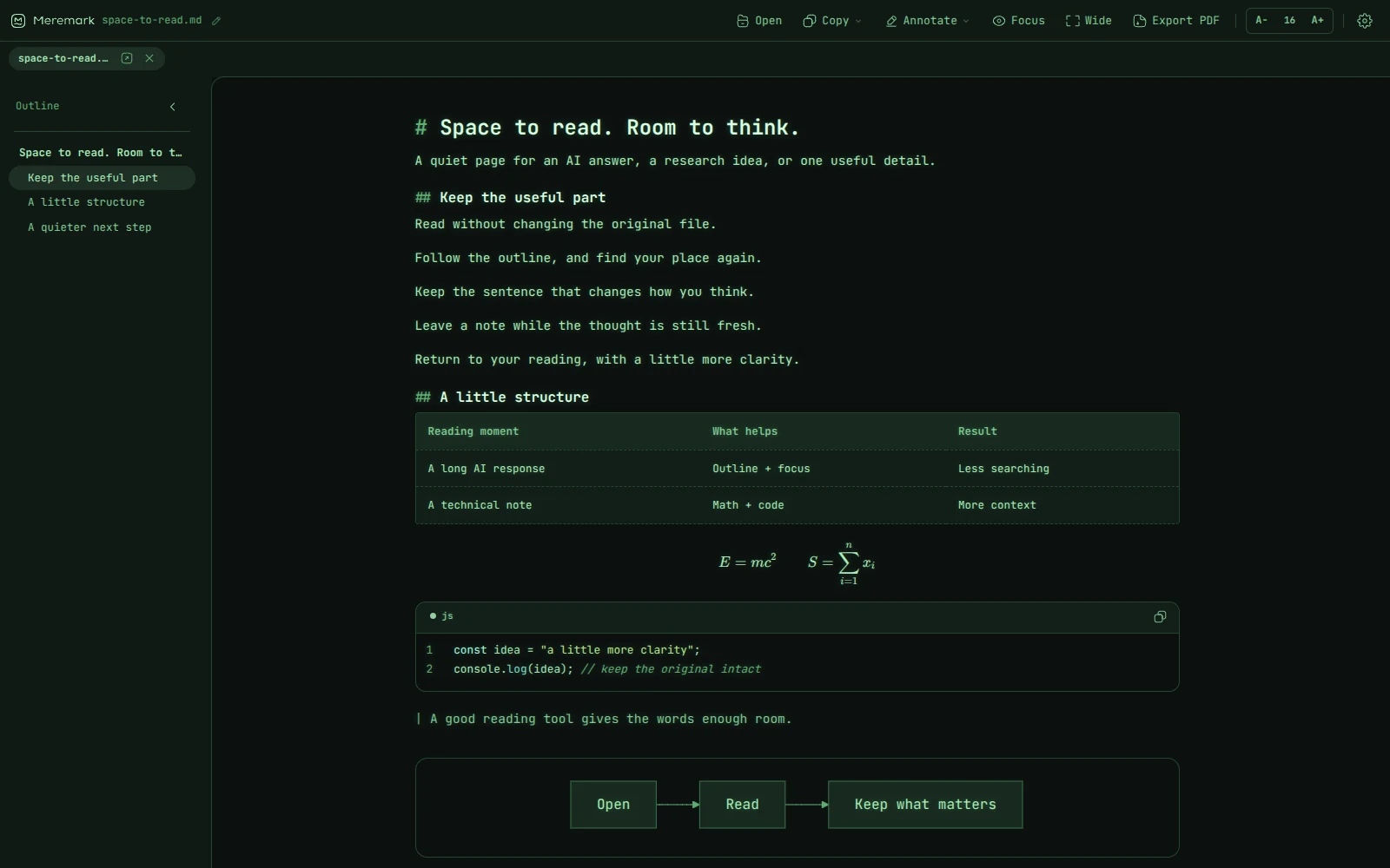 The same Markdown document in Terminal: a dark green background and green monospace text.