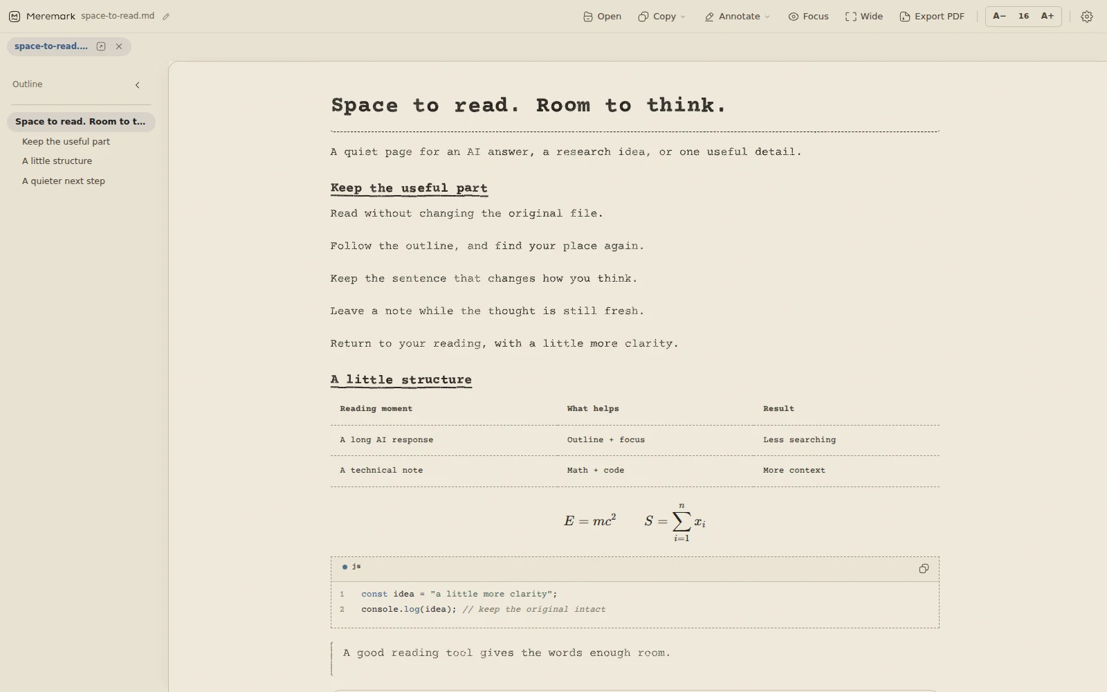 The same Markdown document in Typewriter: warm paper and gently textured type.